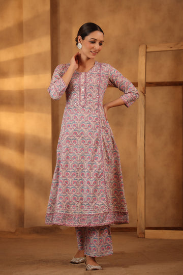 Ballerina Pink Hand block printed Cotton Kurta And Pant