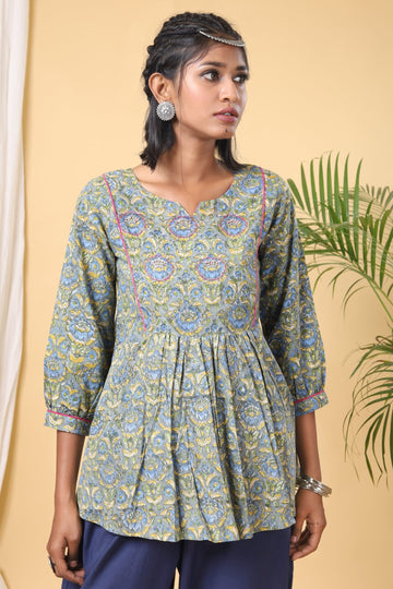 Green and Yellow handblock printed short top