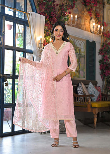 Label Khoj Women Chanderi silk kurta, trouser and dupptta set