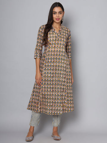 Shuddhi Olive green and Blue kurta and pant set