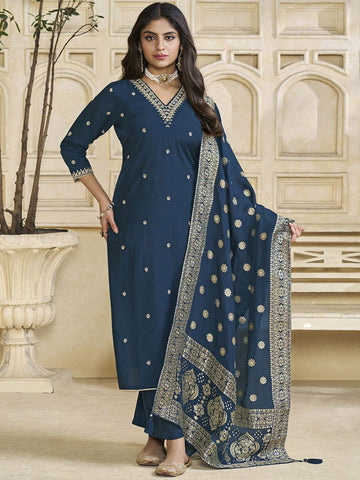Label Khoj Women Roman Silk Embroidery Work Blue Color Kurta & Bottom With Dupatta Set