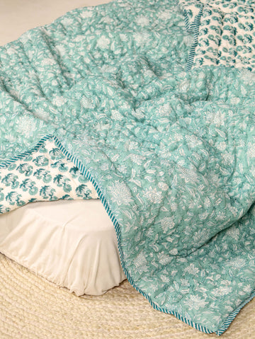 Teal and Light Blue Single Bed Reversible Quilted Razai