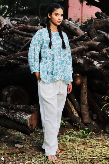 Off white and sea green handblock printed double top.