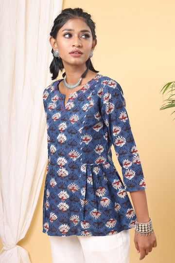 Indigo Blue Peacock Printed Handblock Short Top
