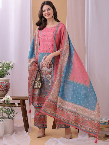 Label Khoj Women's Pink Silk Blend Handwork Kurta with Pant and Pink Dupatta