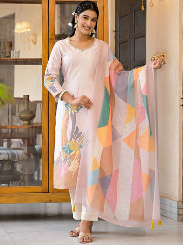 Label khoj women lilen printed kurta set