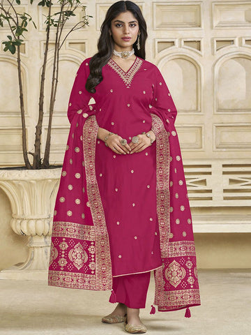 Label Khoj Women Roman Silk Embroidery Work Rani Color Kurta & Bottom With Dupatta Set