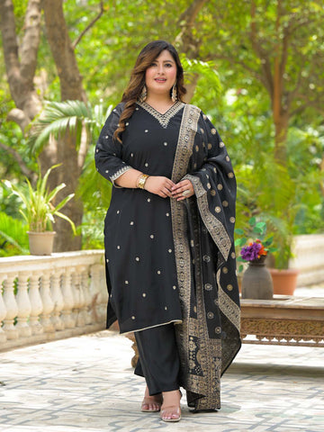 Label Khoj Women Roman Silk Embroidery Work Black Color Kurta & Bottom With Dupatta Set