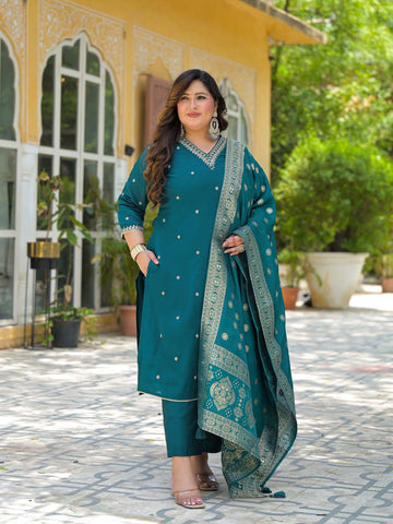 Label Khoj Women Roman Silk Embroidery Work Firoji Color Kurta & Bottom With Dupatta Set