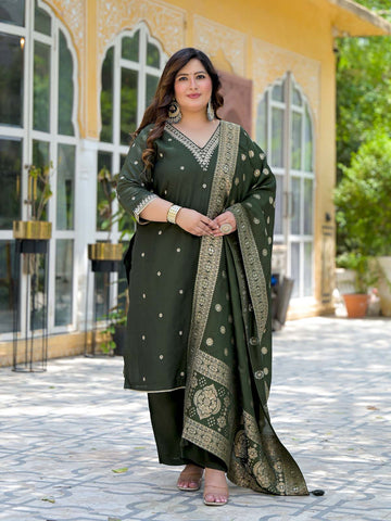 Label Khoj Women Roman Silk Embroidery Work Mehndi Color Kurta & Bottom With Dupatta Set