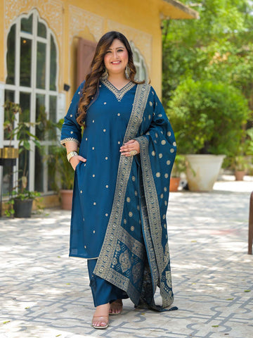 Label Khoj Women Roman Silk Embroidery Work Blue Color Kurta & Bottom With Dupatta Set