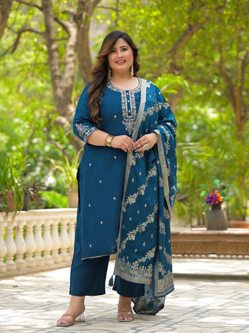 Label Khoj Women Roman Silk Embroidery Work Blue Color Kurta & Bottom With Dupatta Set