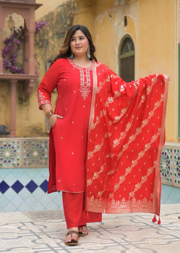 Label Khoj Women Roman Silk Embroidery Work Red Color Kurta & Bottom With Dupatta Set