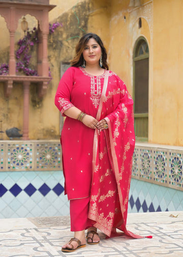 Label Khoj Women Roman Silk Embroidery Work Rani Color Kurta & Bottom With Dupatta Set