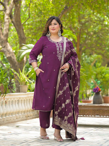 Label Khoj Women Roman Silk Embroidery Work Voilet Color Kurta & Bottom With Dupatta Set