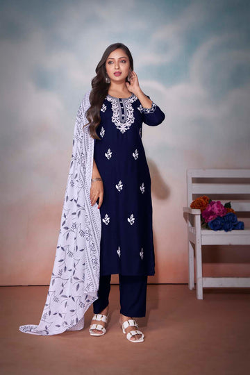 Label Khoj Women heavy embroidery kurta trouser and Printed dupptta set