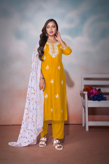 Label Khoj Women heavy embroidery kurta trouser and Printed dupptta set