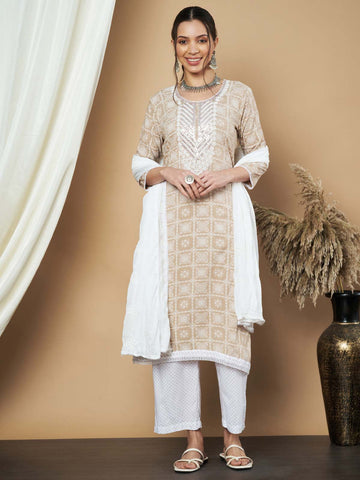 Label Khoj Ethnic Motifs Printed Sequins Embroidered Work Kurta,Trouser With dupptta