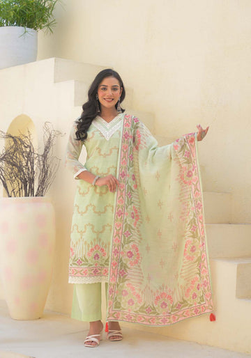 Label Khoj Women Lilen kurta, trouser and dupptta set