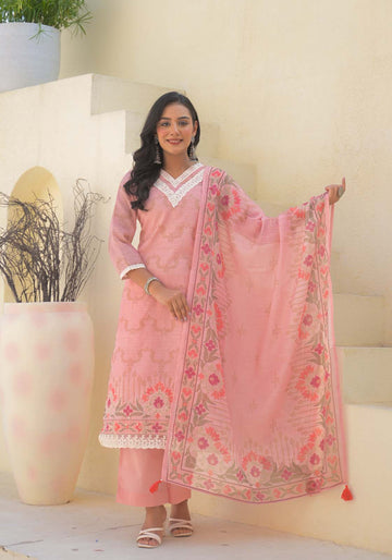 Label Khoj Women Lilen kurta, trouser and dupptta set
