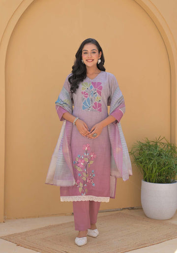 Label Khoj Women Lilen kurta, trouser and dupptta set