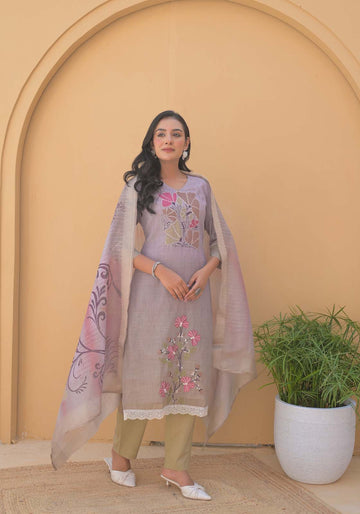 Label Khoj Women Lilen kurta, trouser and dupptta set