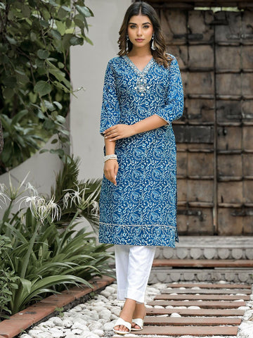 Label Khoj Women Cotton Embroidery Blue Color Kurta For Women