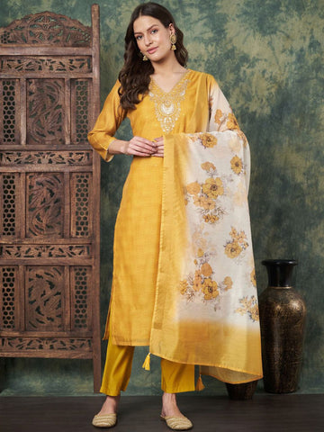 Label Khoj Women's Mustard Chanderi Embroidered Kurta with Pant and Mustard Dupatta