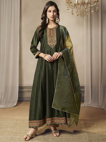 Label khoj Beautiful Anarkali kurta With Pant and Dupatta Set mahndi Color