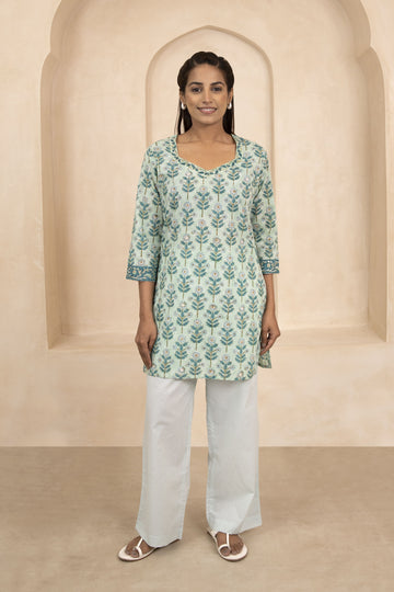Mint Green Handblock Printed Short Kurti