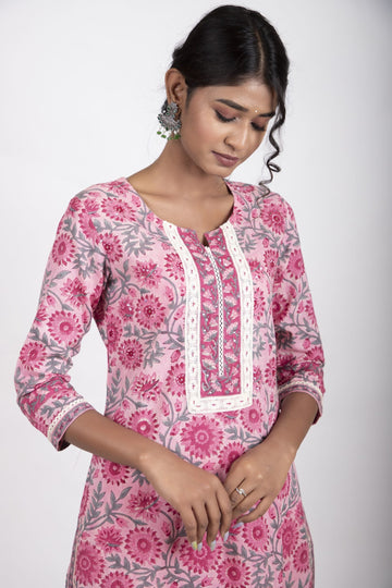 Flamingo pink with a conbination of rouge pink handblock printed kurta