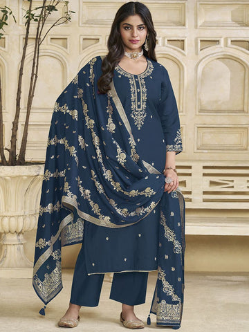 Label Khoj Women Roman Silk Embroidery Work Blue Color Kurta & Bottom With Dupatta Set
