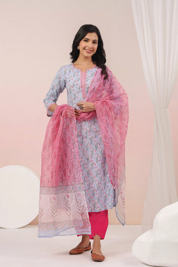 Shuddhi Blue and Pink Kurta and Duppatta Set