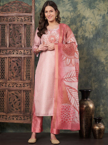 Label Khoj Women's Peach Chanderi Embroidered Kurta with Pant and Peach Dupatta