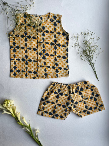Shuddhi Beige and Blue Jhabla set
