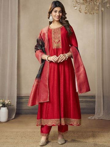 Label khoj Beautiful Anarkali kurta With Pant and Dupatta Set red Color