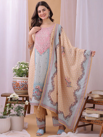 Label Khoj Women's Peach Silk Blend Handwork Kurta with Pant and Peach Dupatta