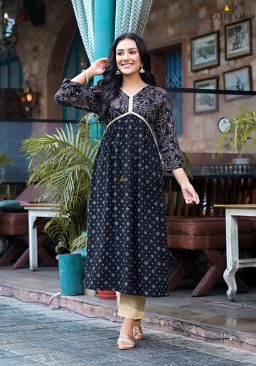 Label Khoj Women Rayon print A line Alia kurta with Pocket