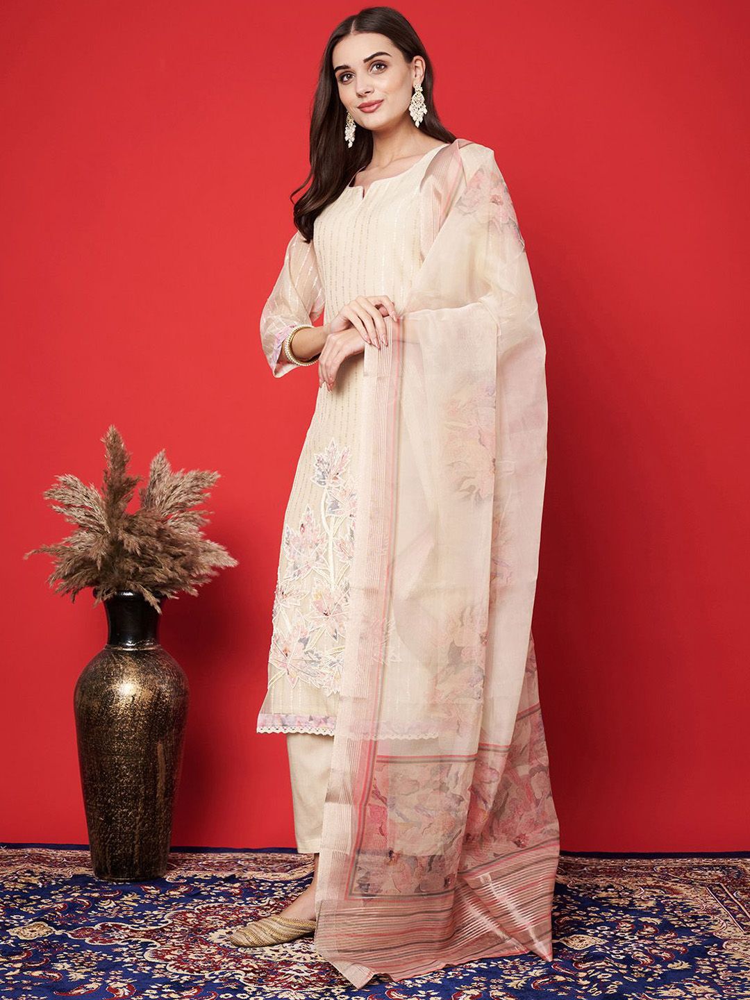 Label khoj chanderi kurta with bottom and dupptta setPeach Color