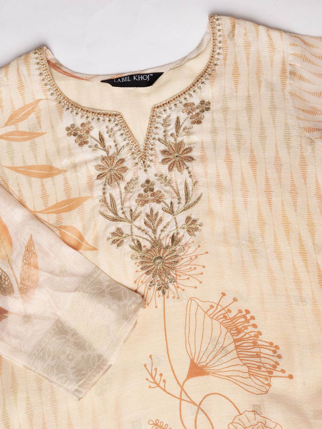 Label Khoj Women Silk Jacqured  Embroidery  Work Cream Color Kurta & Bottom With Dupatta  Set