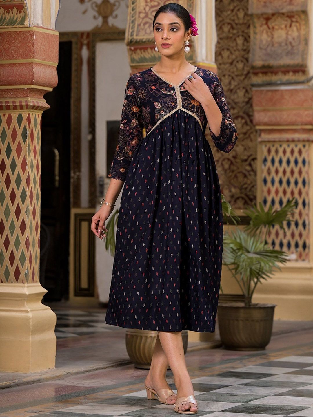 Label Khoj Women Rayon print A line Alia kurta with Pocket