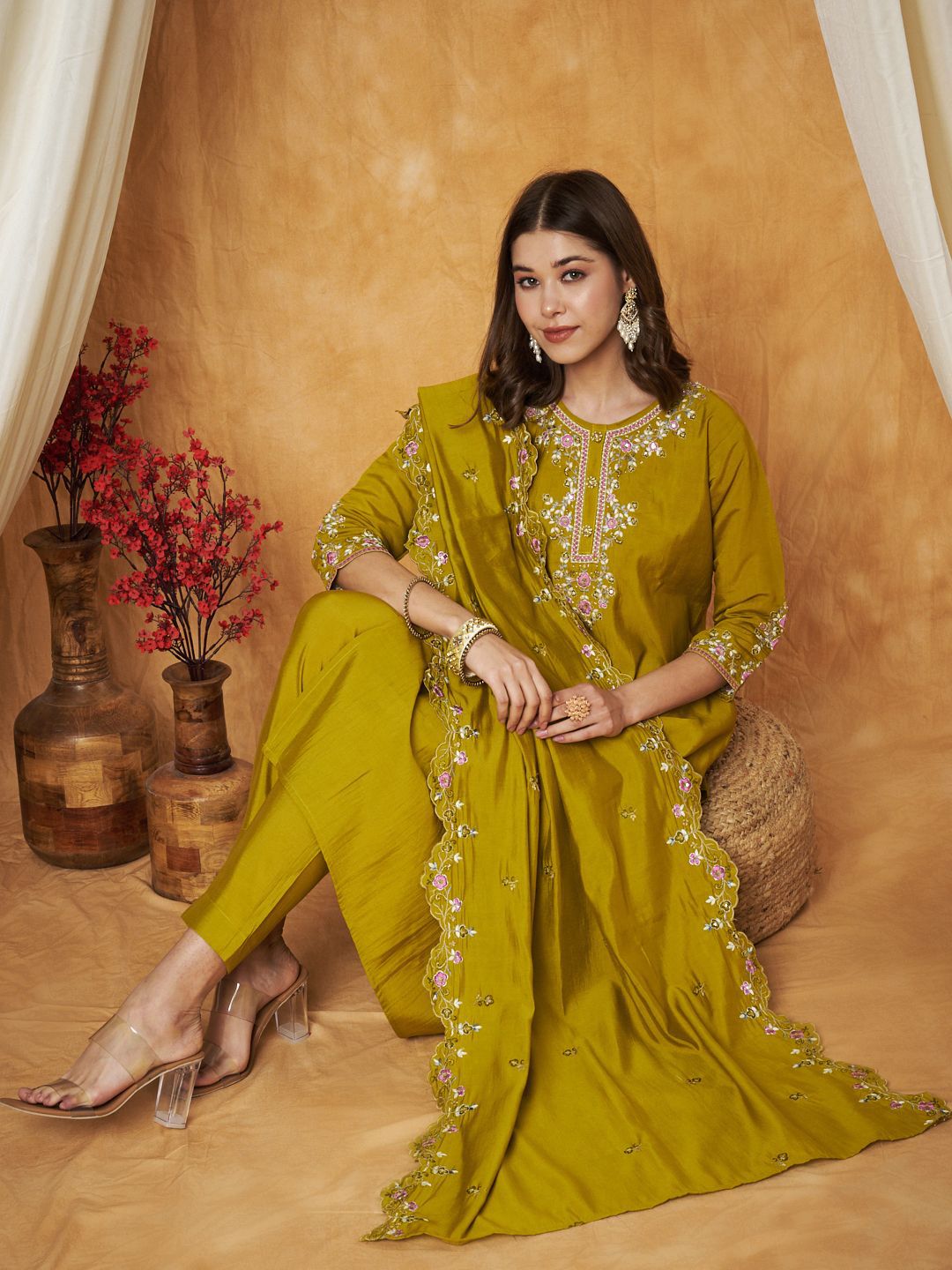 Label Khoj Women's Parrot Silk Blend Embroidery Kurta with Pant and Dupatta