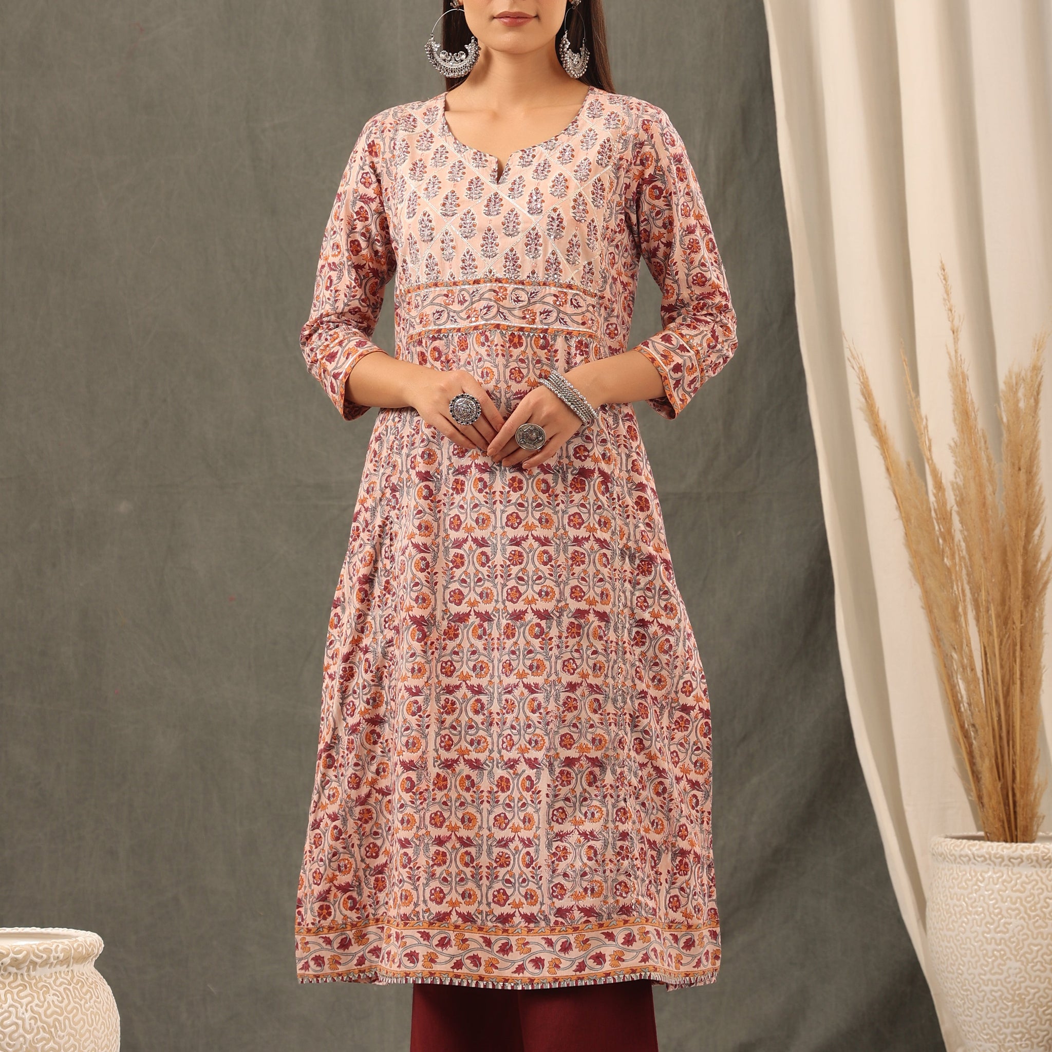 Coral Red Floral Cotton Kurta and Dupatta