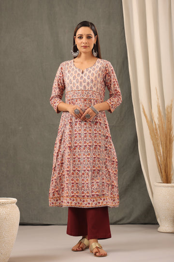 Coral Red Floral Cotton Kurta and Dupatta