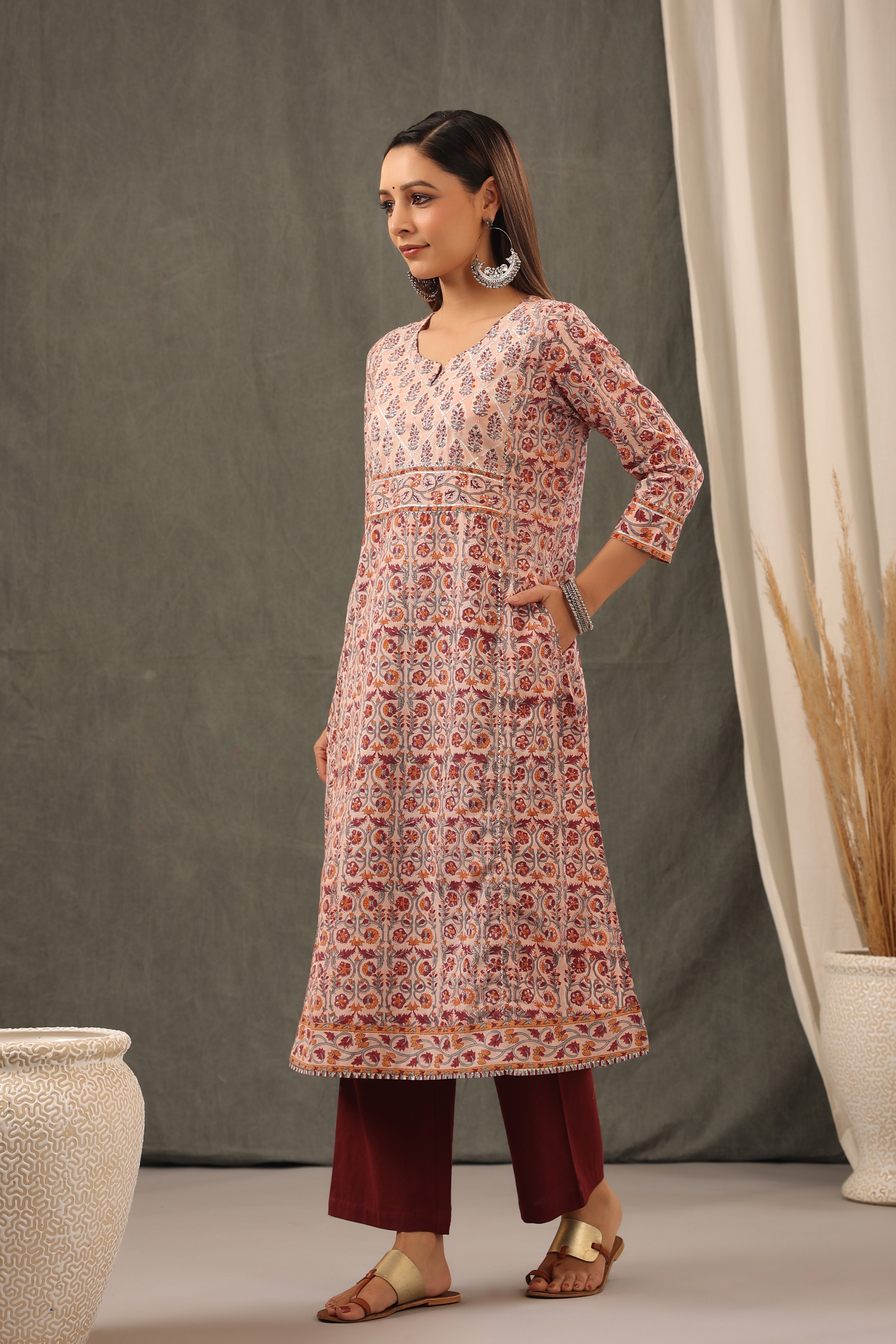 Coral Red Floral Cotton Kurta and Dupatta