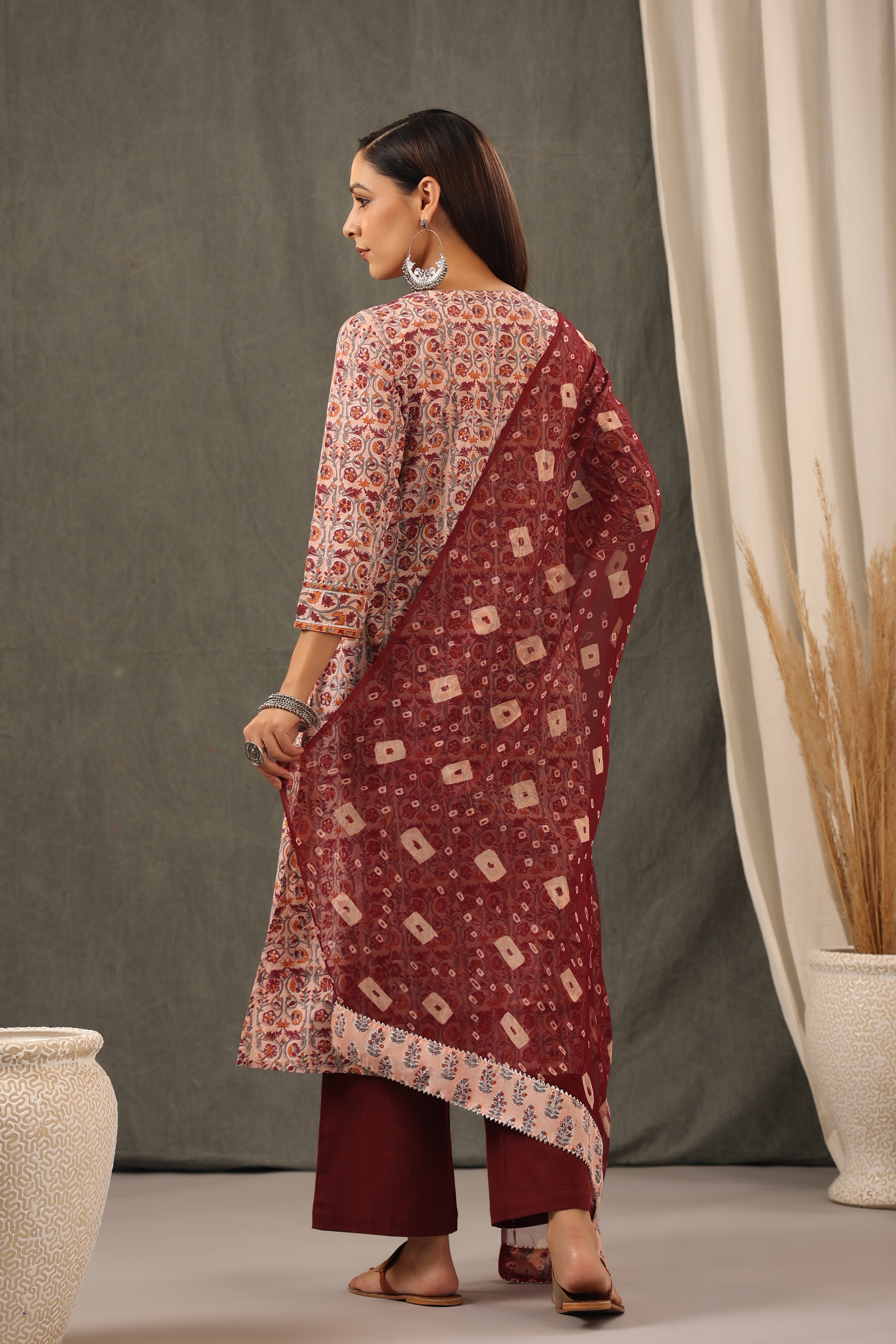 Coral Red Floral Cotton Kurta and Dupatta