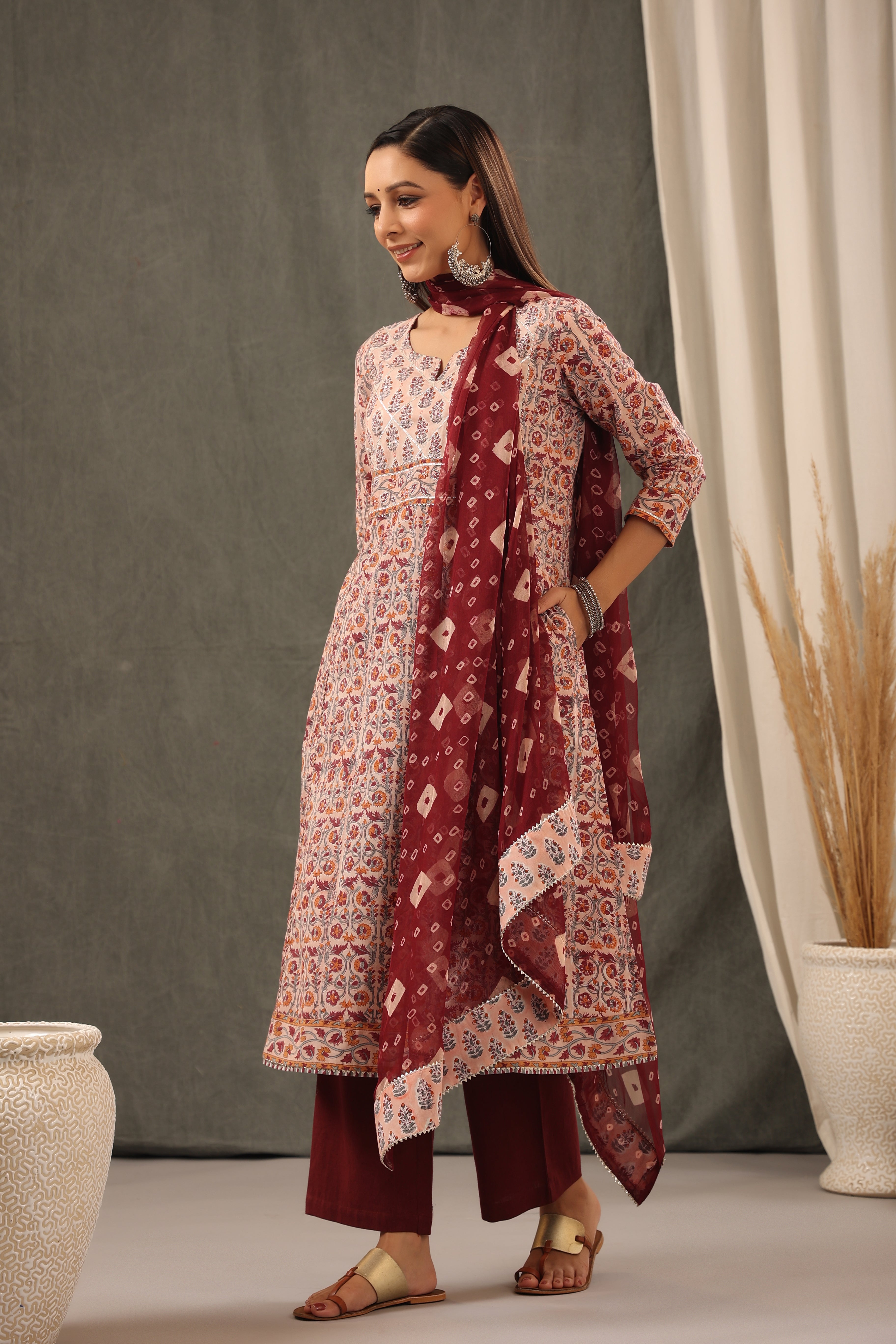 Coral Red Floral Cotton Kurta and Dupatta