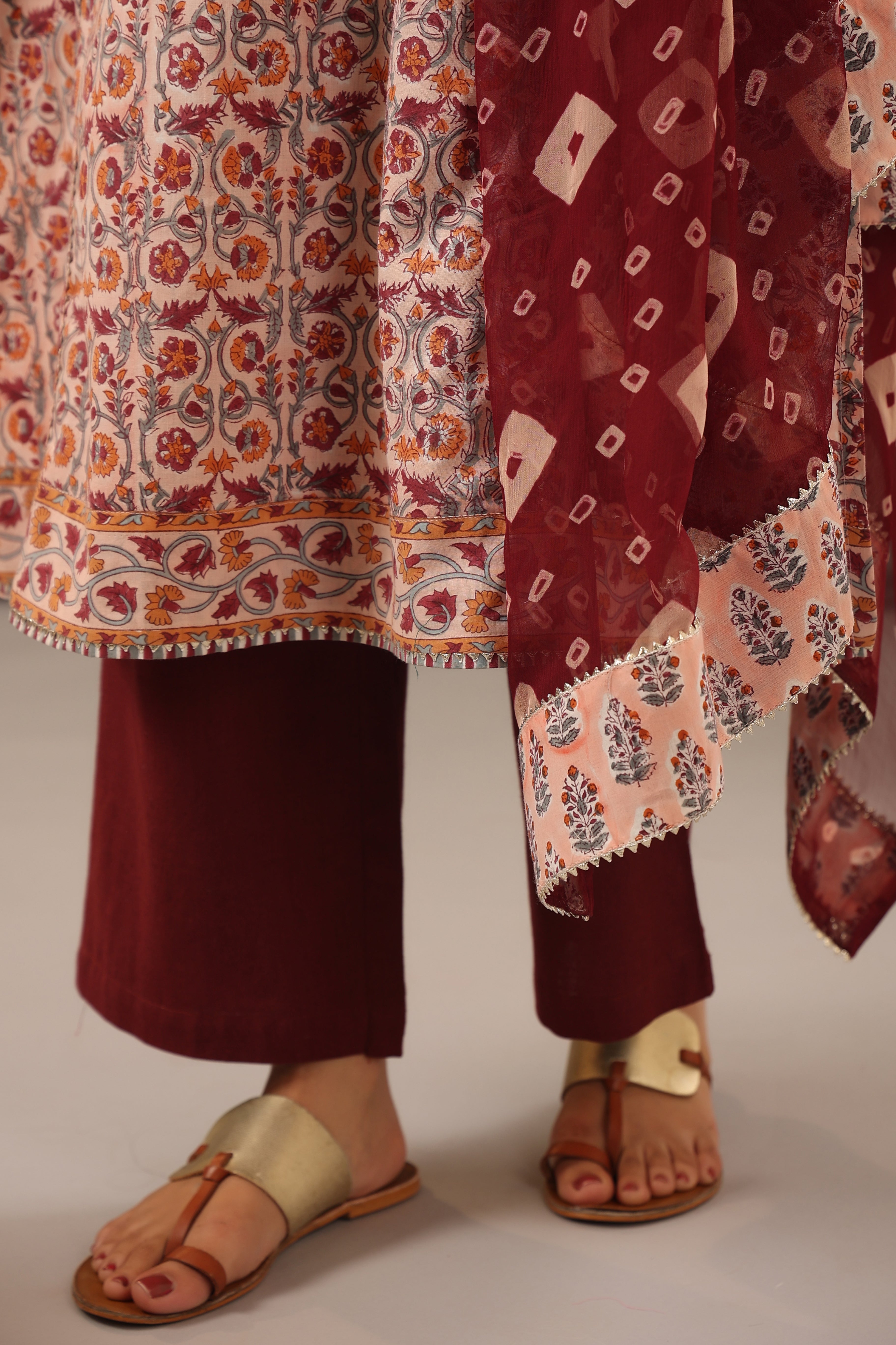 Coral Red Floral Cotton Kurta and Dupatta