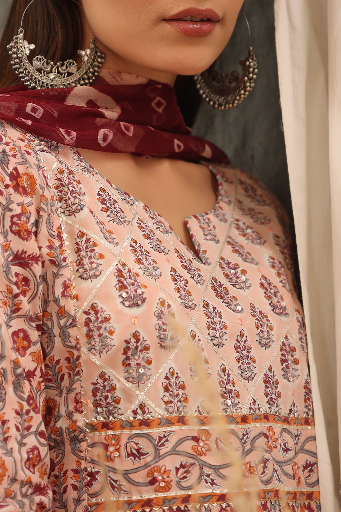 Coral Red Floral Cotton Kurta and Dupatta