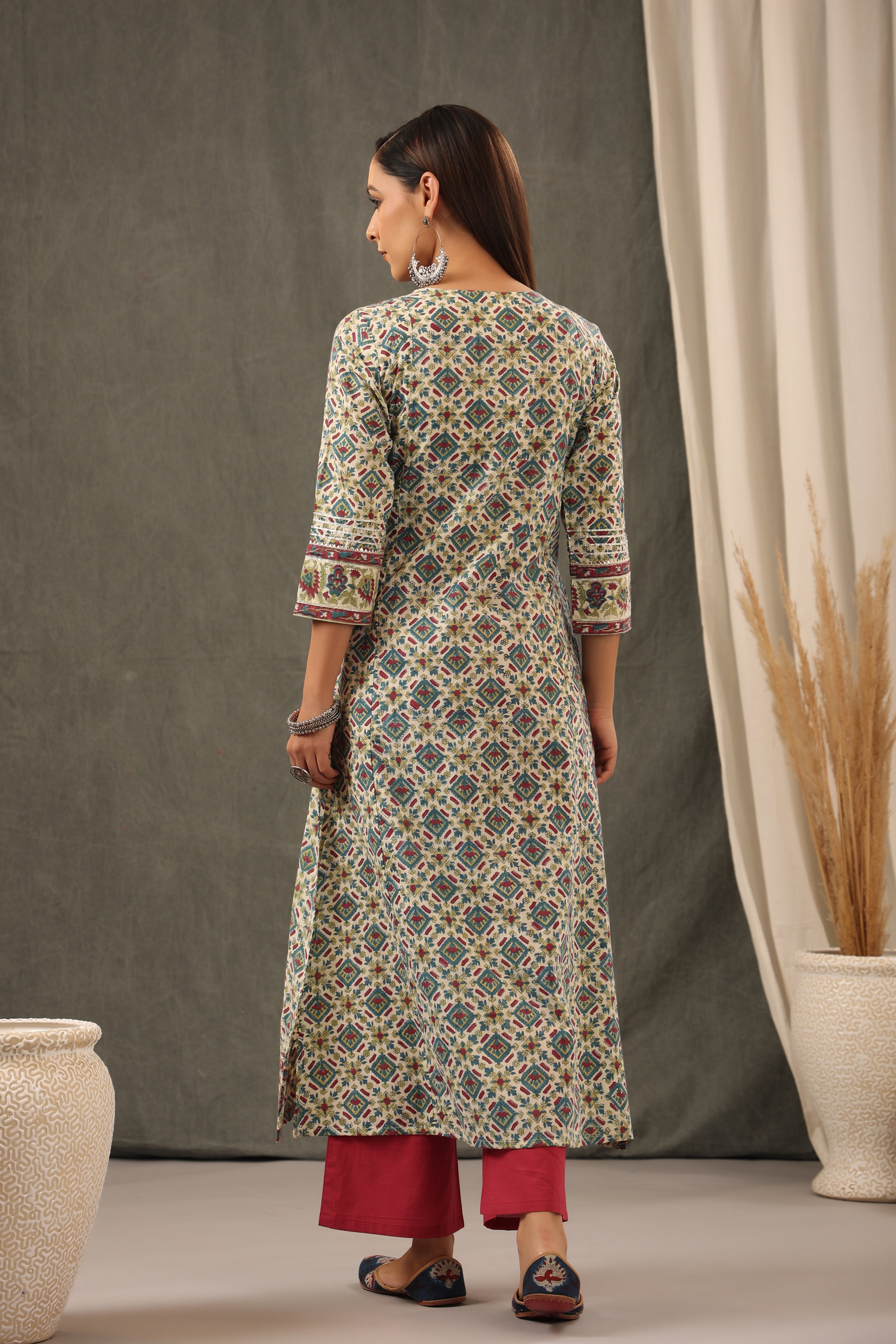 Garnet Red with Teal Green Aline Kurta
